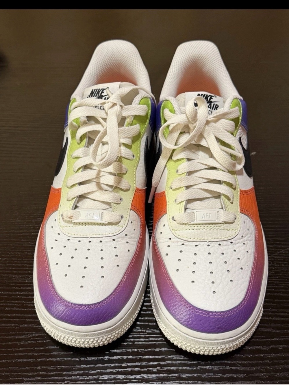 Nike Air Force One Men's White Sneakers with Purple, Orange & Lime Accents